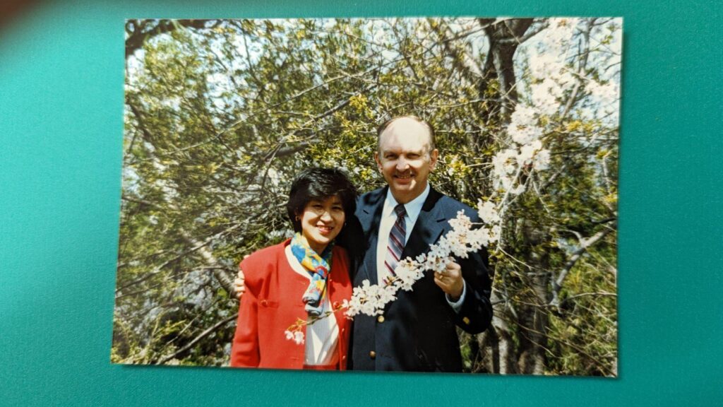 Bob and Kay Rohrdanz with the cherry blossoms in Tokaimura