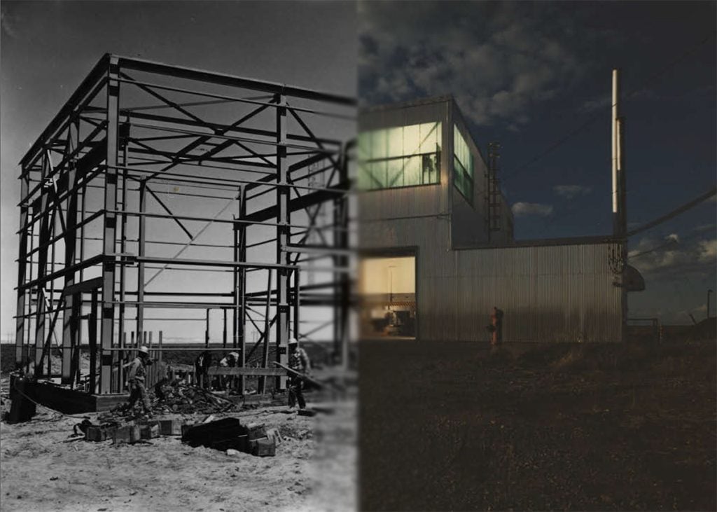 before and after construction of TREAT building exterior