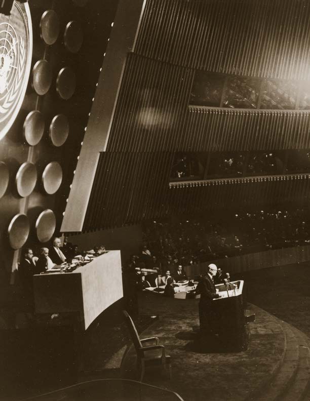 President Dwight D. Eisenhower before the General Assembly of the United Nations delivering his address on Peaceful Uses of Atomic Energy, New York City, December 8, 1953.