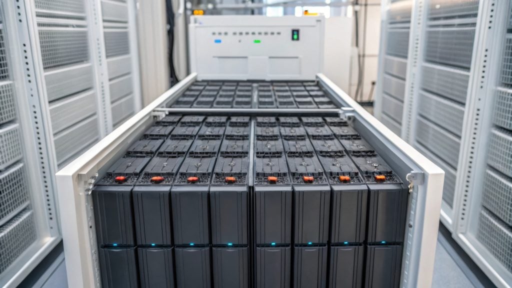 A closeup of a battery energy storage system showcasing the densely packed battery units with cooling fins nestled within a modern industrial facility.