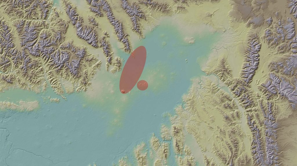 Approximate locations of the two bombing ranges utilized by the Pocatello Army Air Base as part of heavy bomber training during World War II.