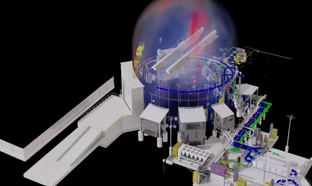 3D cutaway rendering of a circular industrial facility with internal equipment highlighted under a transparent dome.