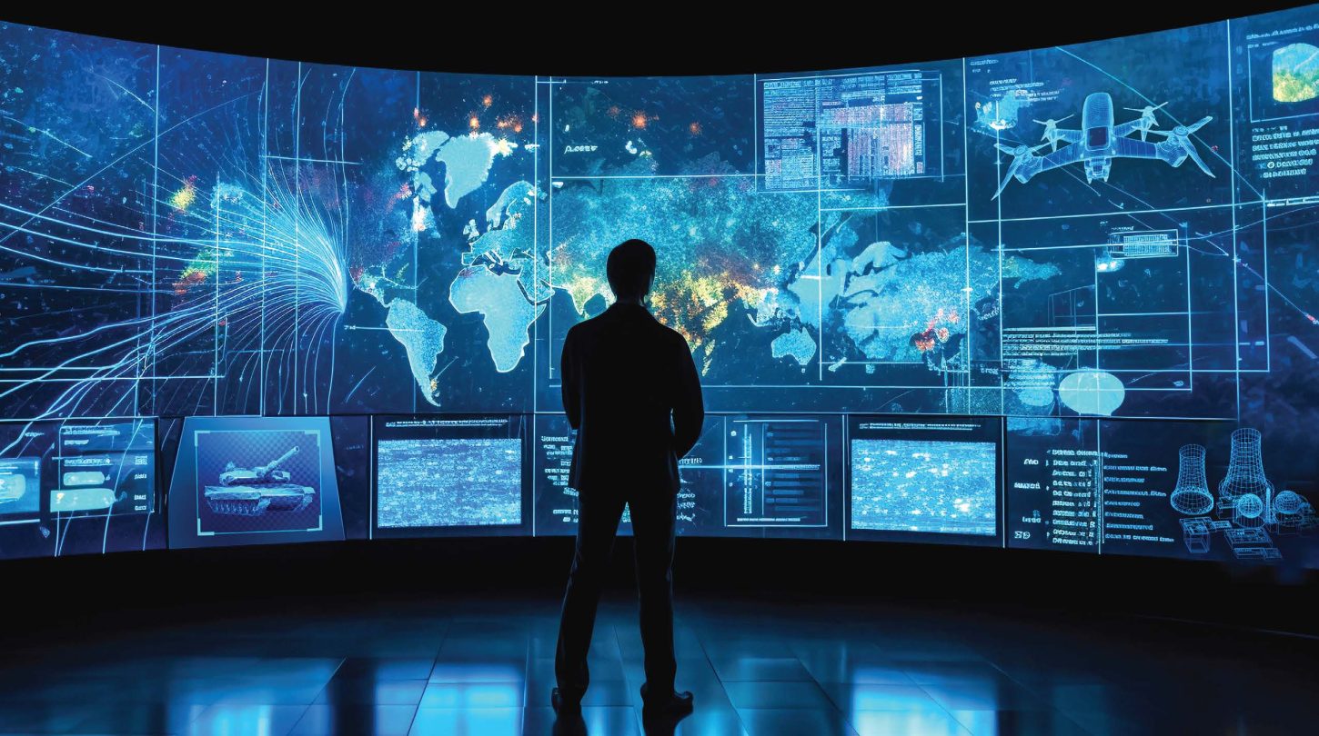 Silhouetted figure facing a large digital world map and data screens in a high-tech command center.