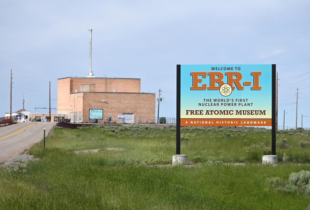 Roadside sign for EBR-I, the world’s first nuclear power plant, now a free atomic museum and National Historic Landmark.