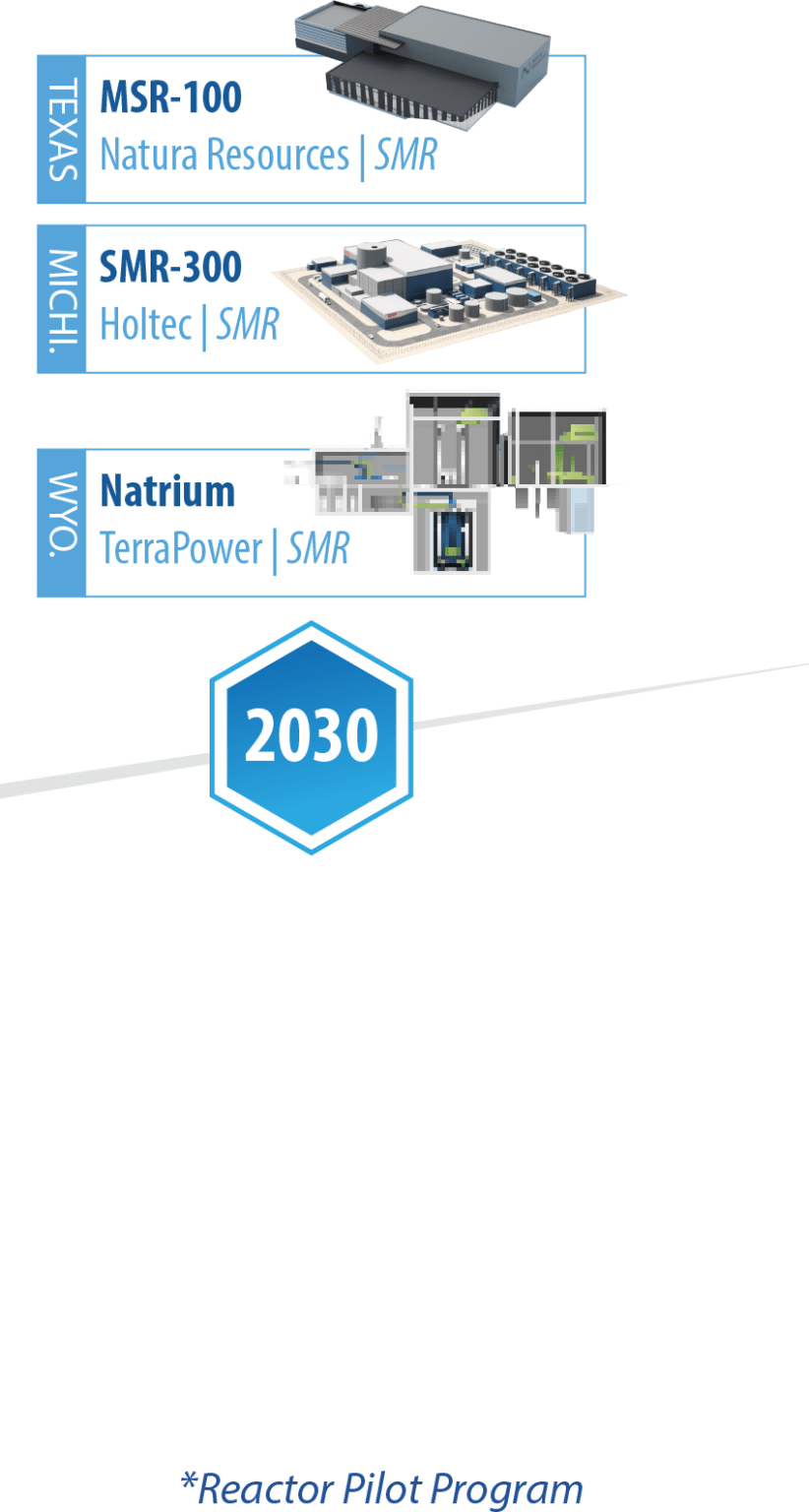 Nuclear reactor development timeline for 2030. Texas: MSR-100 SMR by Natura Resources. Michigan: SMR-300 SMR by Holtec. Wyoming: Natrium SMR by TerraPower. Footnote: asterisk indicates Reactor Pilot Program.