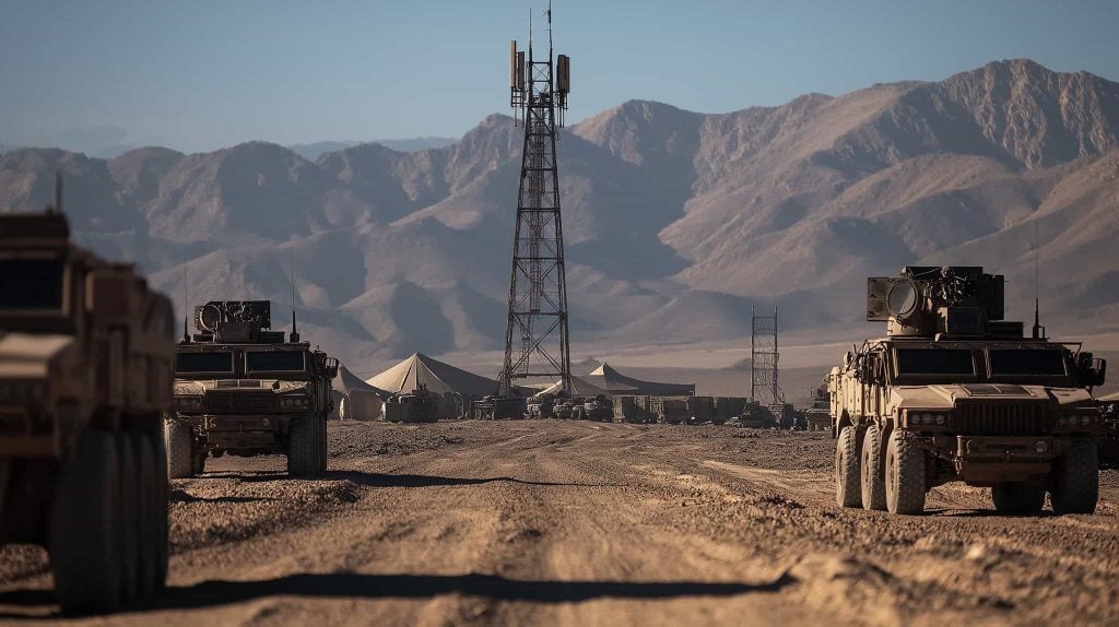 A rugged communication tower with antennas at the center of a desert military base