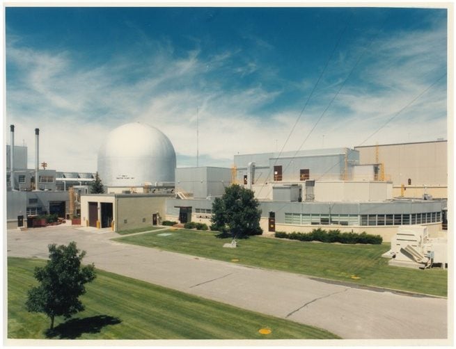 This photo shows the Experimental Breeder Reactor-II dome and Fuel Cycle Facility in the 1980s.