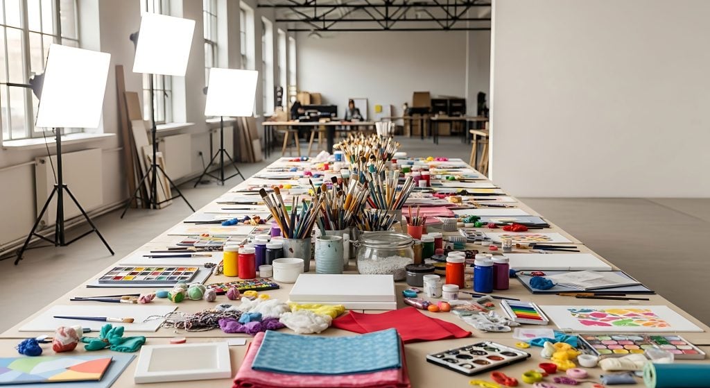 Long table covered with paintbrushes, paints, canvases and other art supplies in a brightly lit studio.